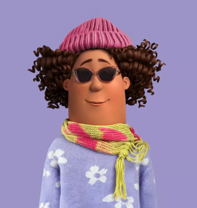 An Ethi character from Ethias, created through AI. It’s a young black woman with dark curly hair, wearing a pink beanie, sunglasses, a colorful scarf and a blue sweater with white flowers.