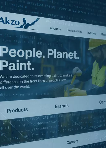 Akzo website cover image featuring their "People. Planet. Paint." slogan against a blue background with code elements, showing navigation menu and an image of a worker in safety gear.