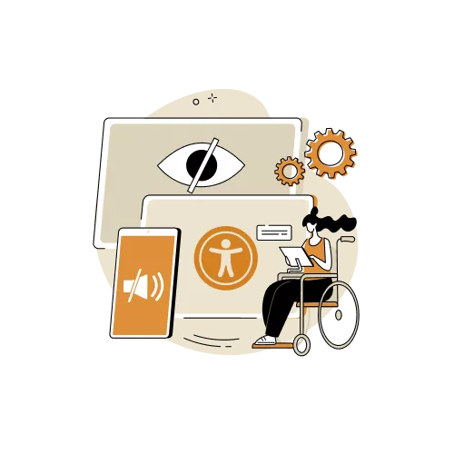 our-core_accessibility.png - An illustration of a woman in a wheelchair using a laptop surrounded by icons representing accessibility, including eye, gear, and sound symbols.