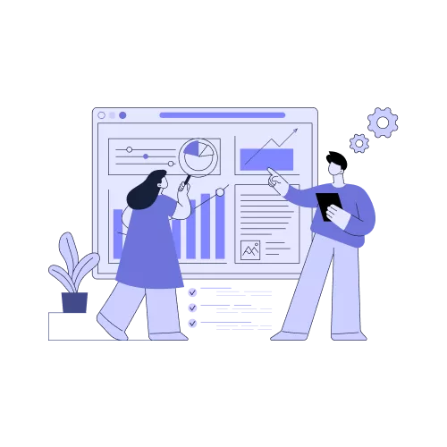 our-core_innovation-technology.png - An illustration of two professionals analyzing data on a large screen, one pointing at graphs while the other examines with a magnifying glass.